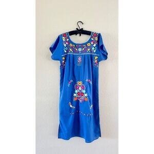Vintage Embroidered Huipil Dress Womens L Cobalt Blue Floral Boho Mexican Folk